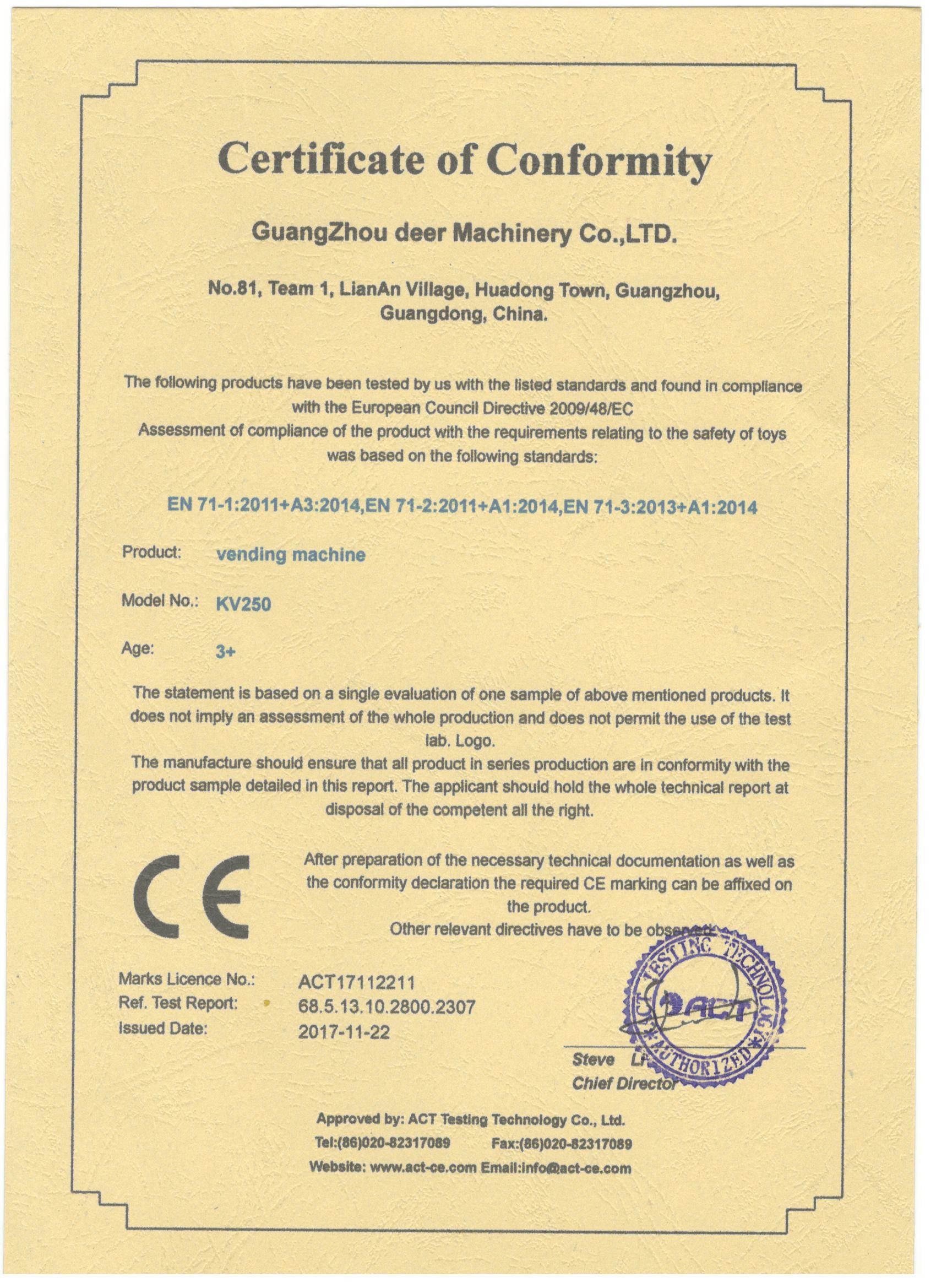 China Guangzhou Deer Machinery Co., Ltd. Zertifizierungen