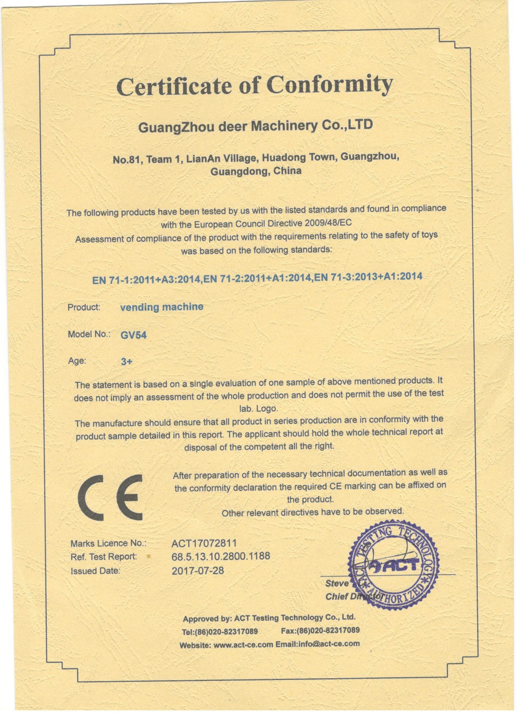 China Guangzhou Deer Machinery Co., Ltd. Zertifizierungen